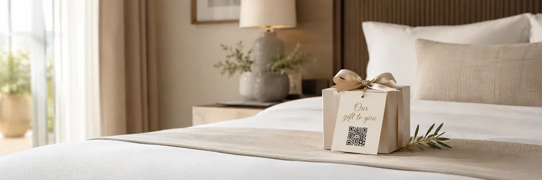 Cream gift box with ribbon and 'Our gift to you' QR tag on a hotel bed