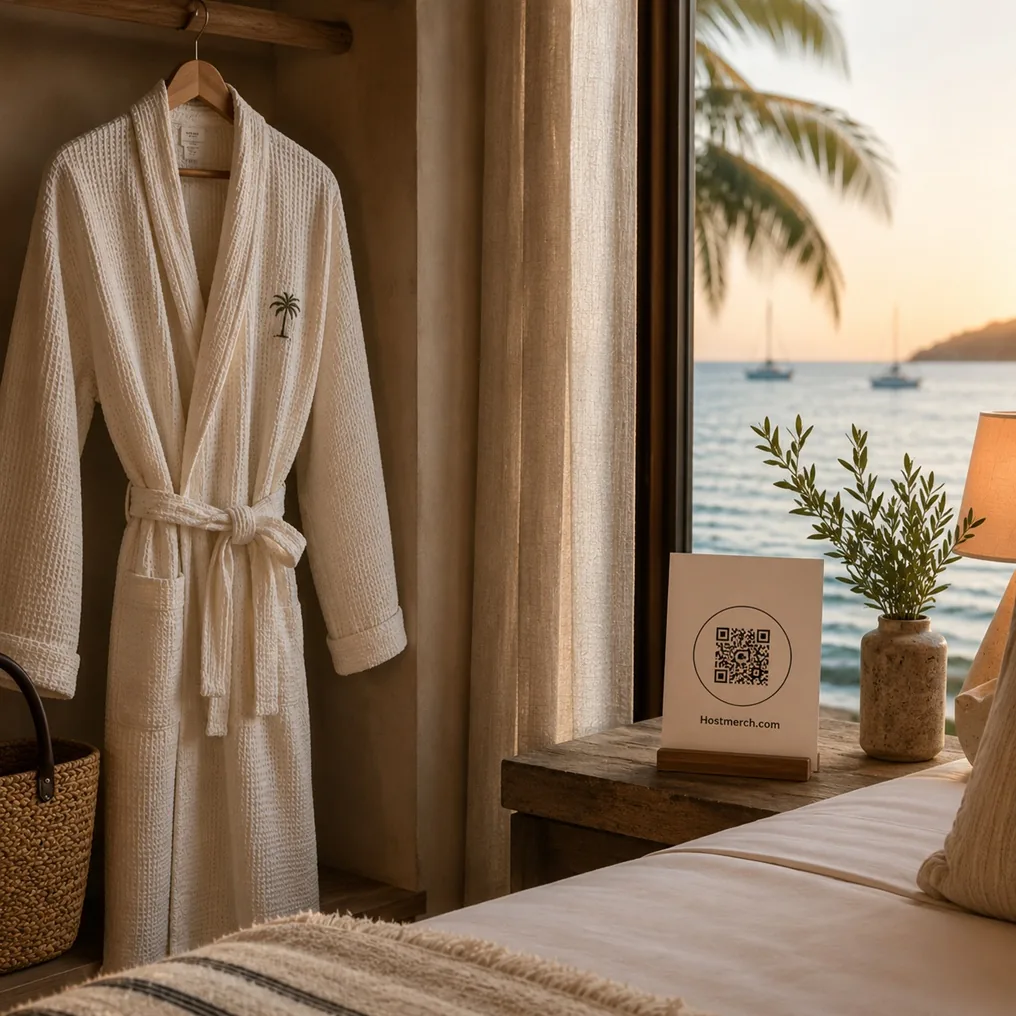 Waffle robe on hanger in a boutique guest room at sunset, sea view and QR gift card on the nightstand