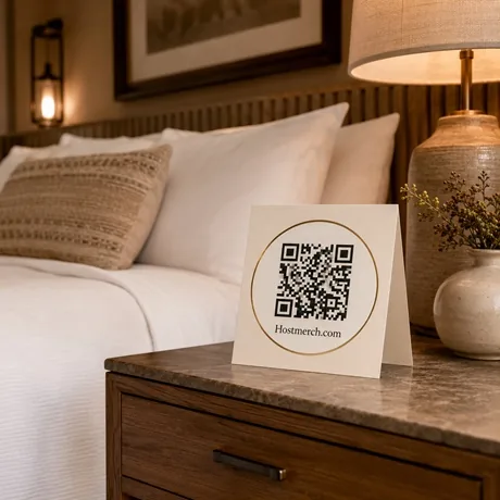 Hostmerch.com QR card on a bedside table beside a warm lamp and linen bedding